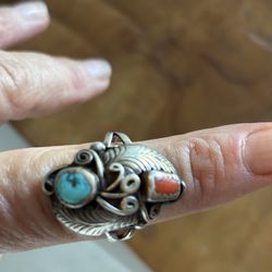 Sterling turquoise and coral ring sz 5.5