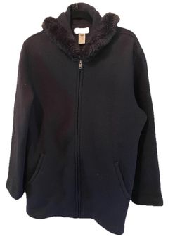 Jones New York Sport Black 99% Wool Jacket Hooded Faux Fur Trim Full Zip L