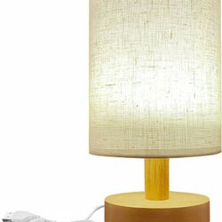 Linen Table Lamp with 3 Brightness Modes, Room Lamp Guest Room Must Haves, Small Lamps for Nightstand with Natural Wood Base, Ideal Bedside Lamp with 