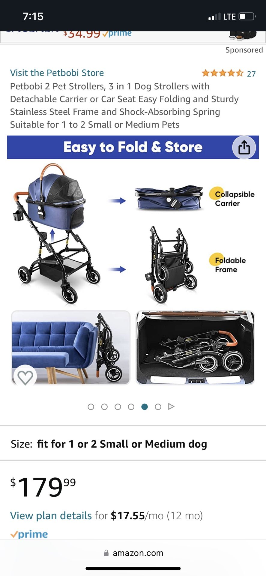 Petbobi 2 Pet Strollers, 3 in 1 Dog Strollers with Detachable Carrier or Car Seat Easy Folding and Sturdy Stainless Steel Frame and Shock-Absorbing Sp