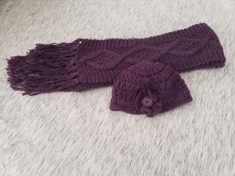 Purple Cable Knit Beanie & Scarf Set 