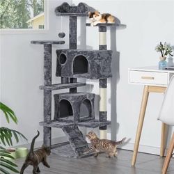 54''H Cat Tree Condo Kitten Tree Tower w/ 2 Condos & 2 Dangling Balls & 3 Scratching Posts Multilevel Indoor Cat Tree Tower for Kittens & Small/Medium