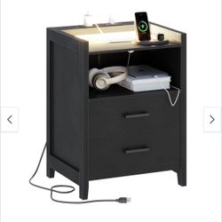 Nightstand with LED Lights and Charging Station, End Side Table with 2 Drawers and Open Storage, Modern Bedside Table
