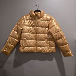 Time and Tru Women's Metallic Gold Puffer Jacket – Size L (12-14)