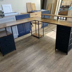 66" L Shaped Desk, 113" Computer Desk with File Cabinet & 4 Fabric Drawers, Home Office Desk