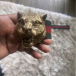 GUCCI Green Red Gold Stripe Fabric Brass Feline Head Belt