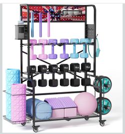 Brandnew Heavy Duty Dual-Row Dumbbell Rack with Wheels, Home Gym Vertical Storage Stand with Yoga Mat Storage, Space Saving Fitness Equipment Organize