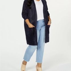 Say What? Women’s navy Ribbed Duster Cardigan Sweater, 3X
