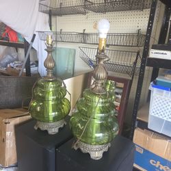 Pair Of 2 Vintage Mid Century Green Glass Lamps 25" High 12" Wide