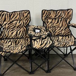 Double Folding Chair With Cup Holder - Soft Tiger Fabric