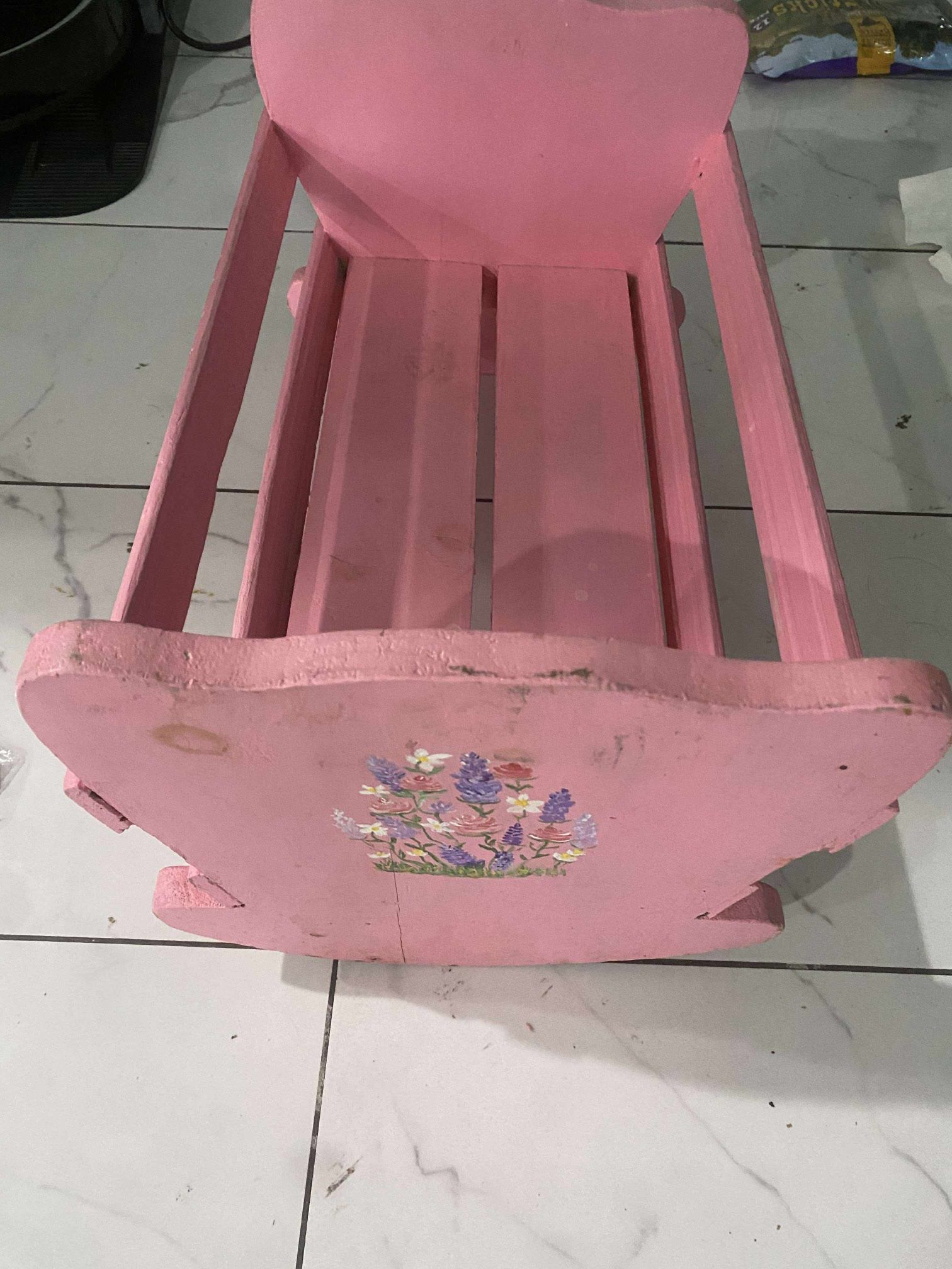 19” Pink Vintage Large Flower Wooden Doll Bed