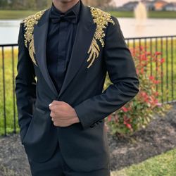 Elegant Men’s Black Tuxedo With Gold Embellishments