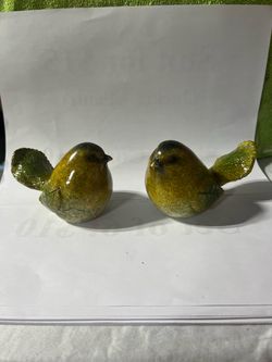 Pair of Beautiful GANZ Birds, Green and Yellow Ceramic Fat Bird Figurines