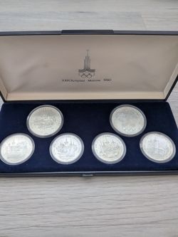 1980 Moscow USSR 6 Coin Silver Set 5 & 10 Rubles 4.35 oz Silver German Case UNC