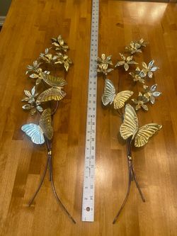 MCM Vintage metal copper brass set of two 25 inch wall art hangings of butterflies & flowers. Set of 2.