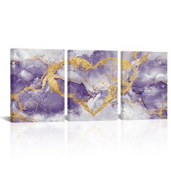 Purple & Gold Heart Canvas Wall Art — 3 Framed Panels, 12″ × 16″