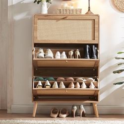 Rattan Shoes Storage Cabinet with 3 Flip Doors, Wooden Narrow Shoe Cabinet with Adjustable Shelves, Freestanding Hidden Shoe Rack Organizer for Entryw