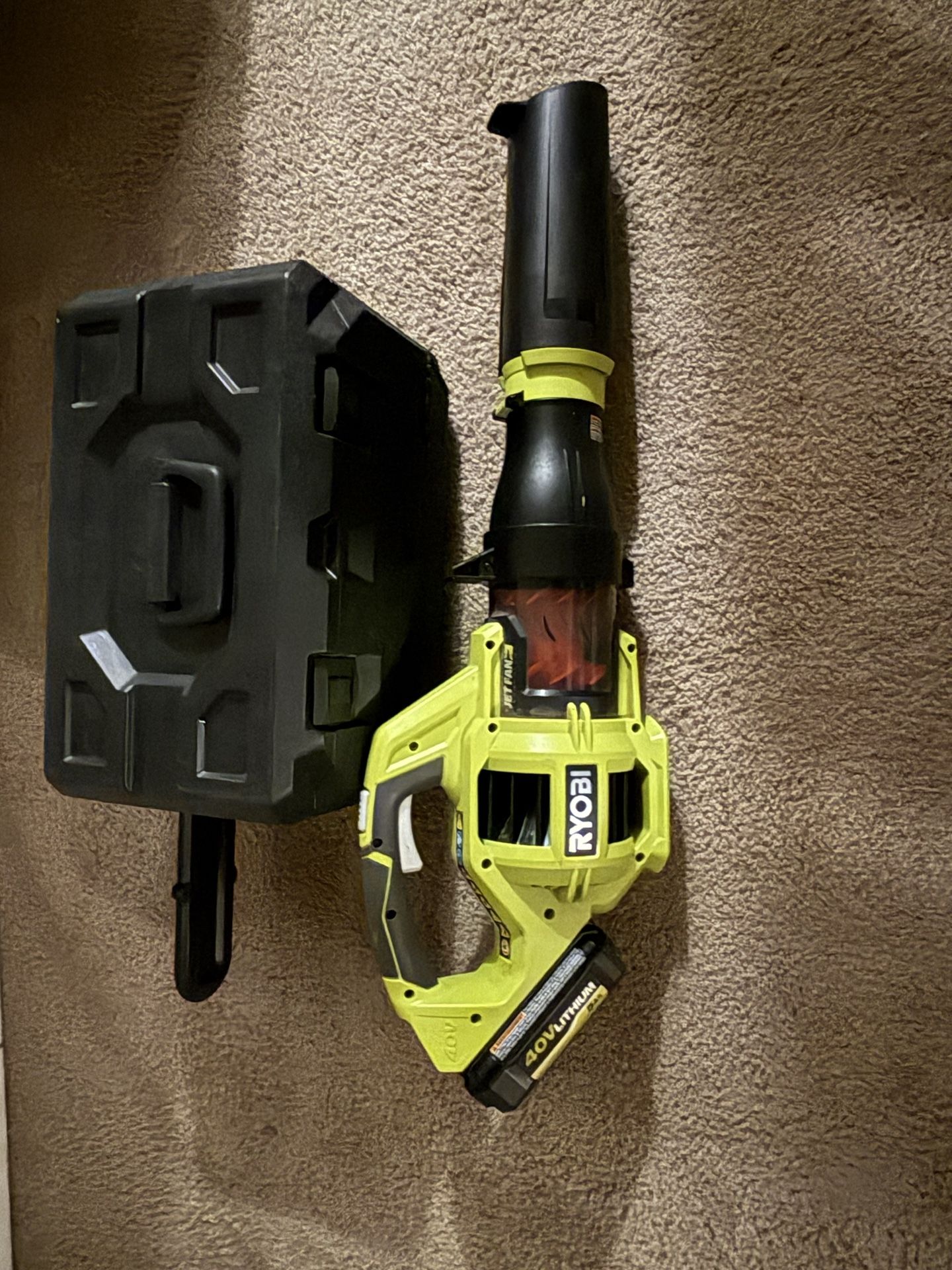 RYOBI 40V HP Brushless JetFan Blower, 40v HP 12in Chain Saw Combo, 2x 5.0 Batteries & Charger