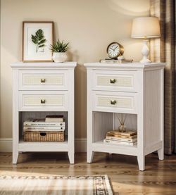 White Nightstand Set with Rattan Drawers – Set of 2