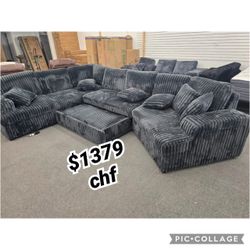 DARK GRAY Corduroy RHF Fabric Half U-Shaped Pull Out Sectional Sofa w/ Storage Armrest w/ USB + Pillows
