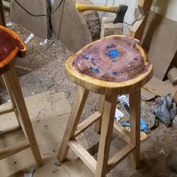 2 Bar Stools. Custom Made Red Cedar With Resin Art