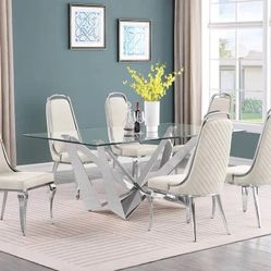 7 piece DINING TABLE SET GLASS TOP CHROME PLATED BASE CREAM VELVET CHAIRS