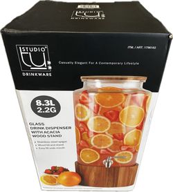 Studio Drinkware 2.2 Gal. Drink Dispenser Acacia Wood Stand & Lid S Steel Spigot