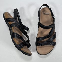 Earth Sand Oahu Black Leather Strappy Open Toe Sandals Women Size 7M