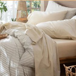 MooMee Bedding Sheet Set 100% Washed Cotton Linen Like Textured Breathable Durable Soft Comfy 