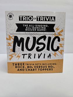 "Trio of Trivia" buzzer game focusing on music trivia.
Includes three distinct trivia sets: Rock, 80s versus 90s, and Chart Toppers.