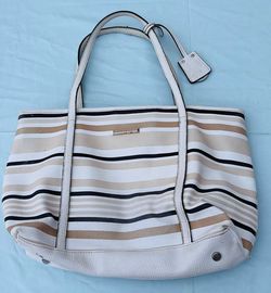 Dana Buchanan Large Striped Tote Bag Beige White Black, Zip, Double Handles