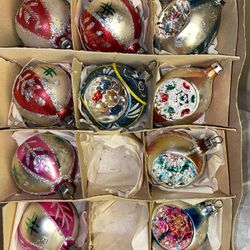 Vtg Shiny Bright? Glass Ornaments GERMAN Indent teardrop, in box