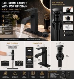 BATHROOM FAUCET 1 OR 3 HOLES. W POP UP DRAIN INCLUDED. BLACK
