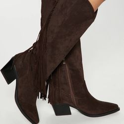 Dark Brown Women Cowboy Knee High Boots With Fringe Design Size 7