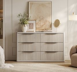 SICOTAS 53.5” Bedroom Dresser with 6 Deep Wide Large Fluted Drawers for Closet，white alder dressers & chests of drawers for clothes storage, TV stand 