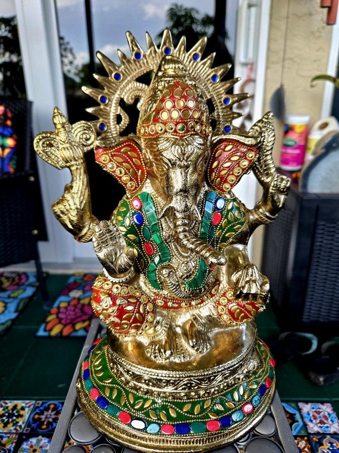 Vintage Ganesha Statue Beautifully Embellish In Stones Known As God Of New Beginnings Wisdom And Longevity Metal 12" Tall