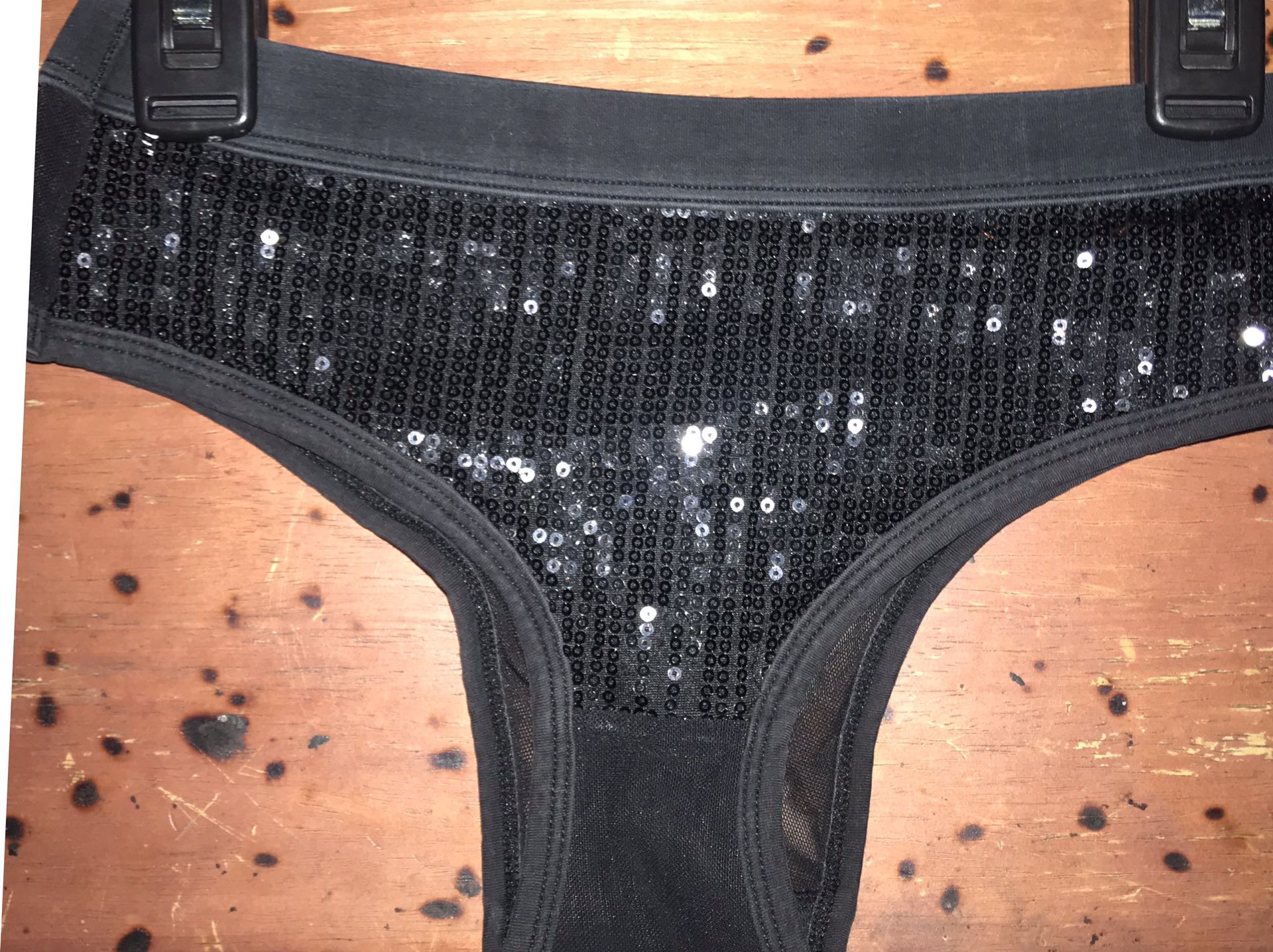 Sexy black sequined hip hugging briefs w sheer rear