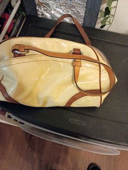 Yellow Patent Leather Handbag with Tan Trim
