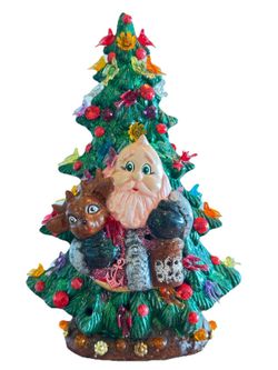 Handmade Ceramic Christmas Tree Dove Pegs Rudolph Glitter 13" Kitschy