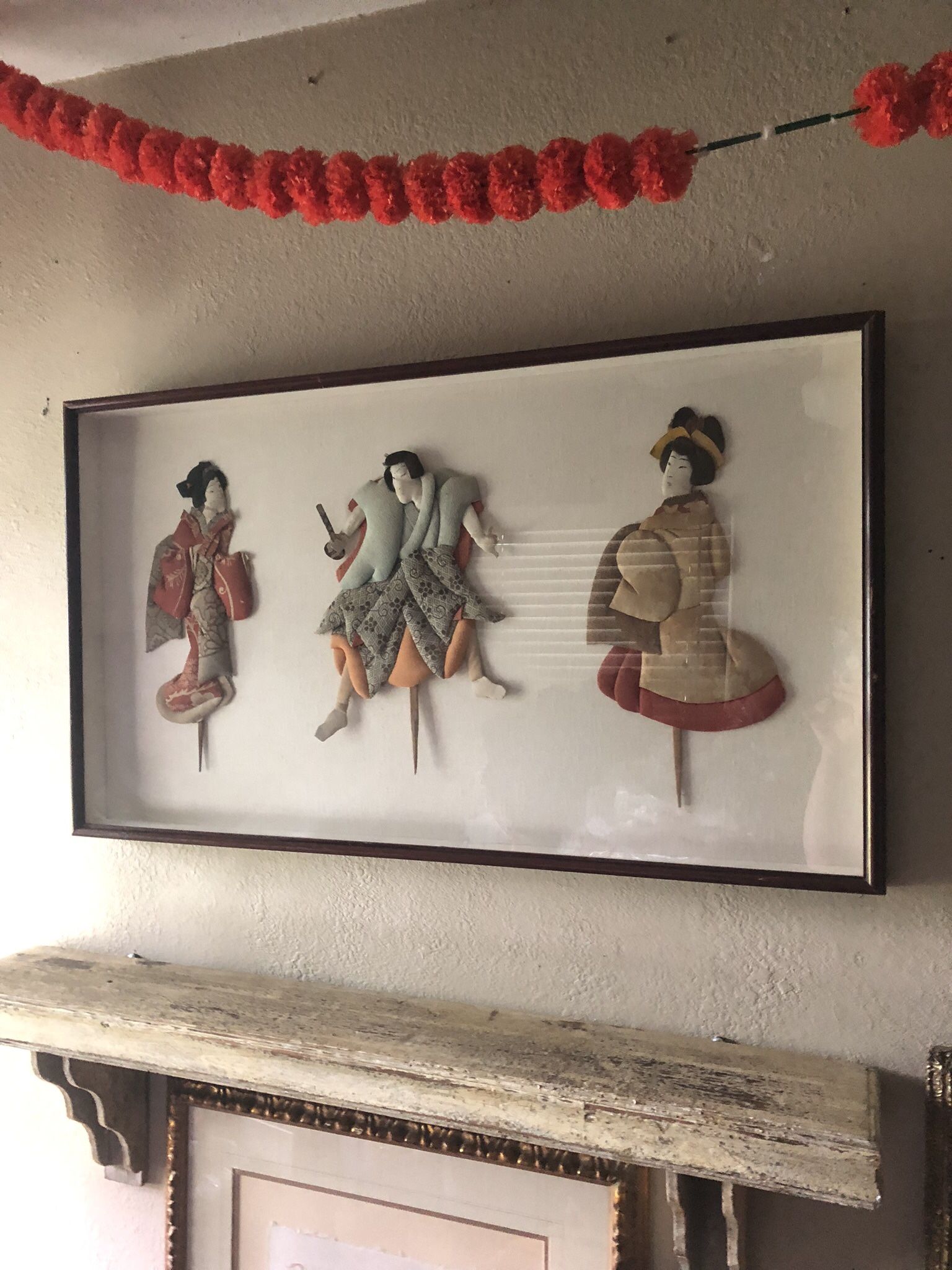Antique Japanese Oshie Dolls Rod Puppets In Custom Framed Shadow Box, Japanese Antique Art