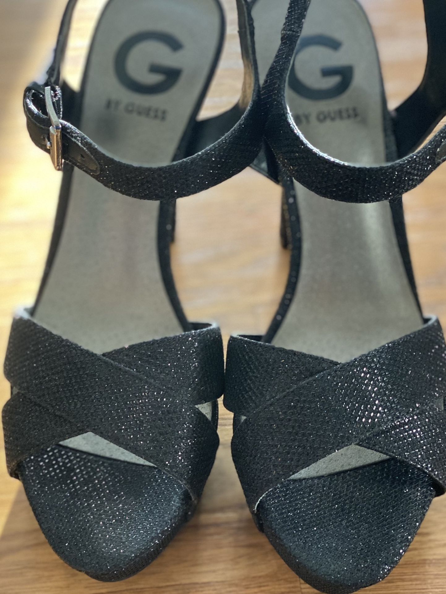 Ladies Black Strappy Heels By Guess Size 6 1/2