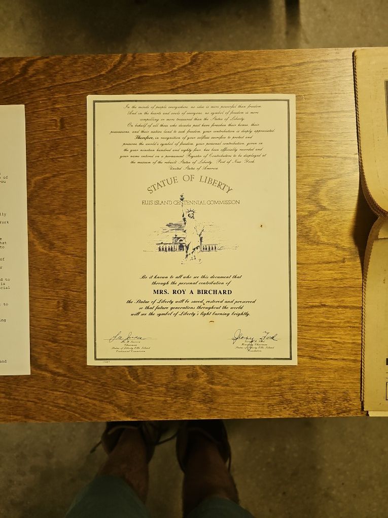 STATUE OF LIBERTY 1985 Ellis Island Centennial Commission Certificate

