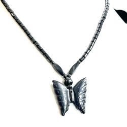 New Hematite Butterfly Pendal beaded necklace 20” long STN 12