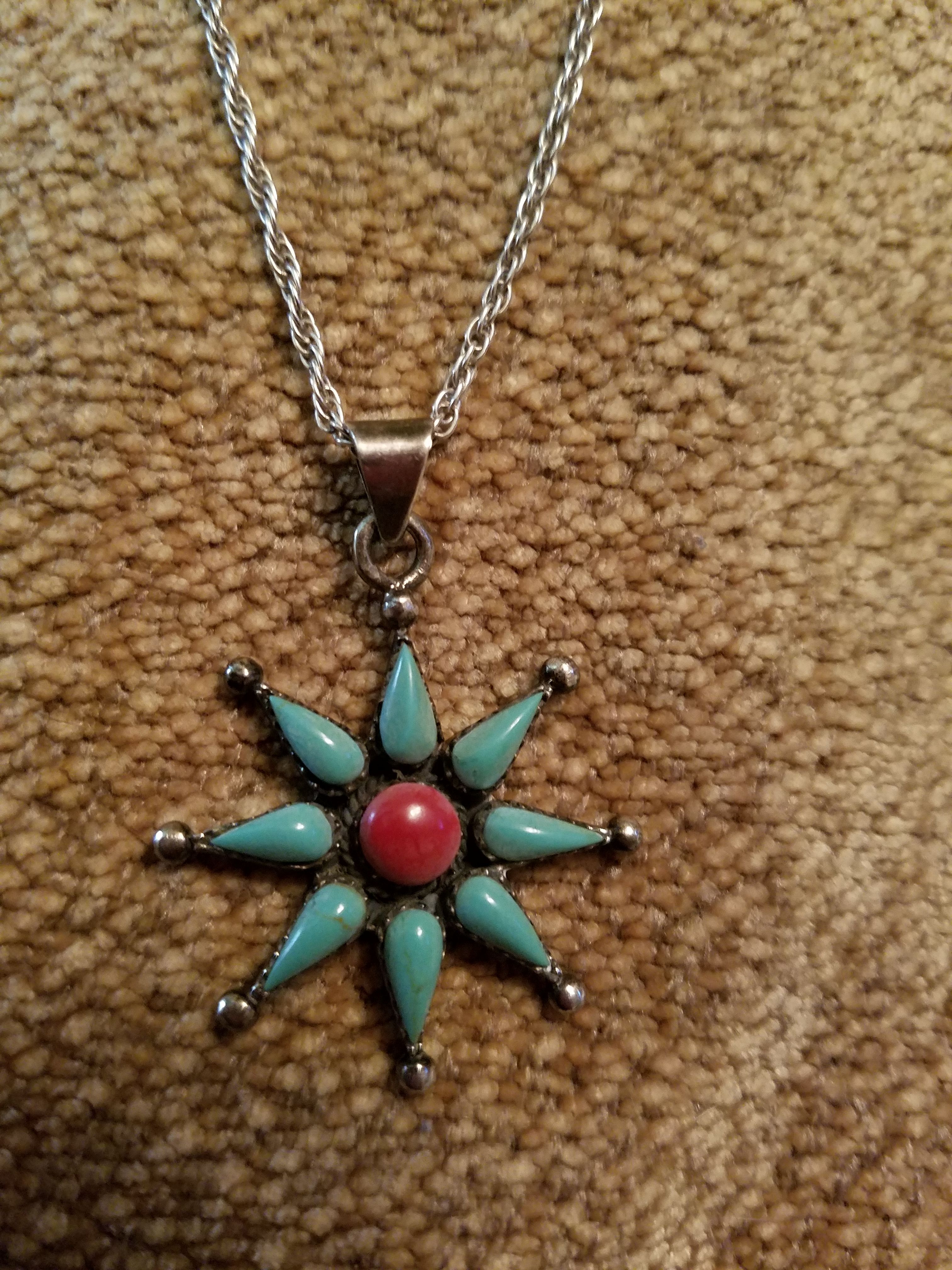 Sterling silver chain with turquoise sunburst