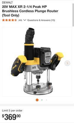 DEWALT 20V MAX XR 2-1/4 Peak HP Brushless Cordless Plunge Router (Tool Only)