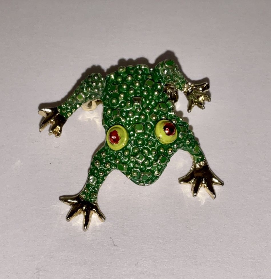 Vintage Green & Gold 3-D Frog With Red Eyes Lapel/Hat Pin