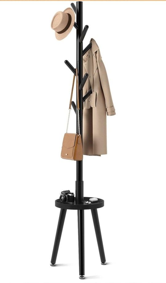 GREENSTELL Coat Rack with 8 Hooks, Wooden Coat Rack Freestanding with Shelf, Coat Tree with 4 Height Options 50.5"-72.6", Coat Hanger Stand for Bags,