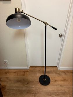 Modern Matte Black and Antique Brass Boom Arm Floor Lamp