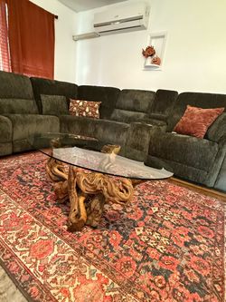 Mid-Century Modern Driftwood Coffee Table With Freeform Oval Glass Top