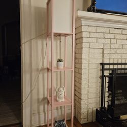 Pink Standing Floor Lamp With Three Open Storage Display Shelves